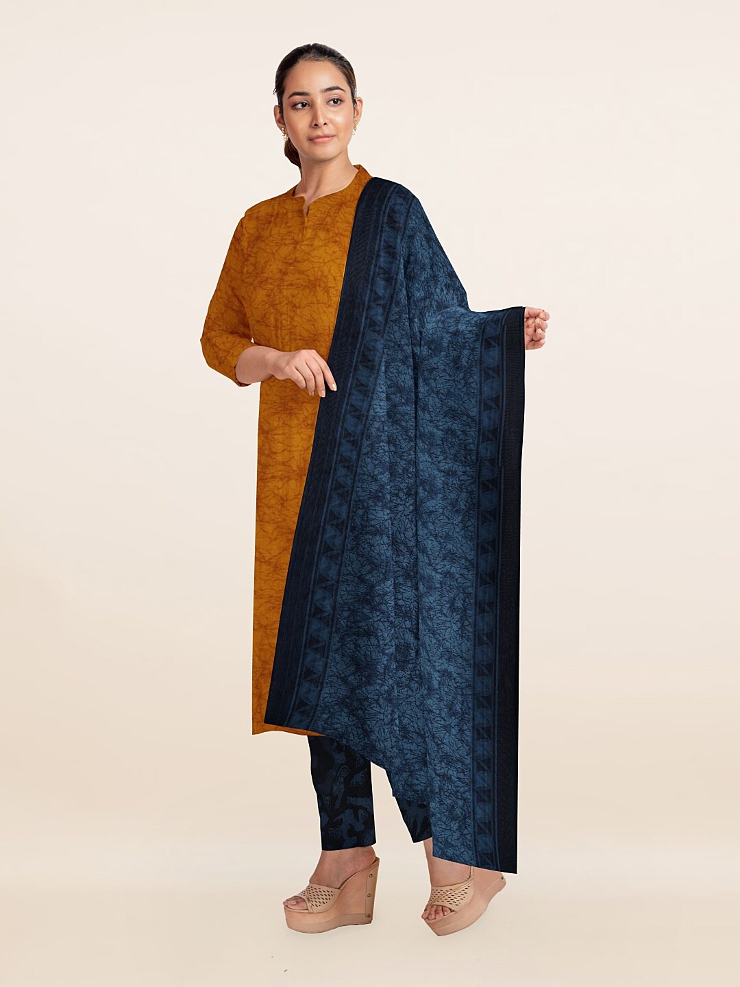 

Pothys Mustard & Blue Printed Unstitched Dress Material