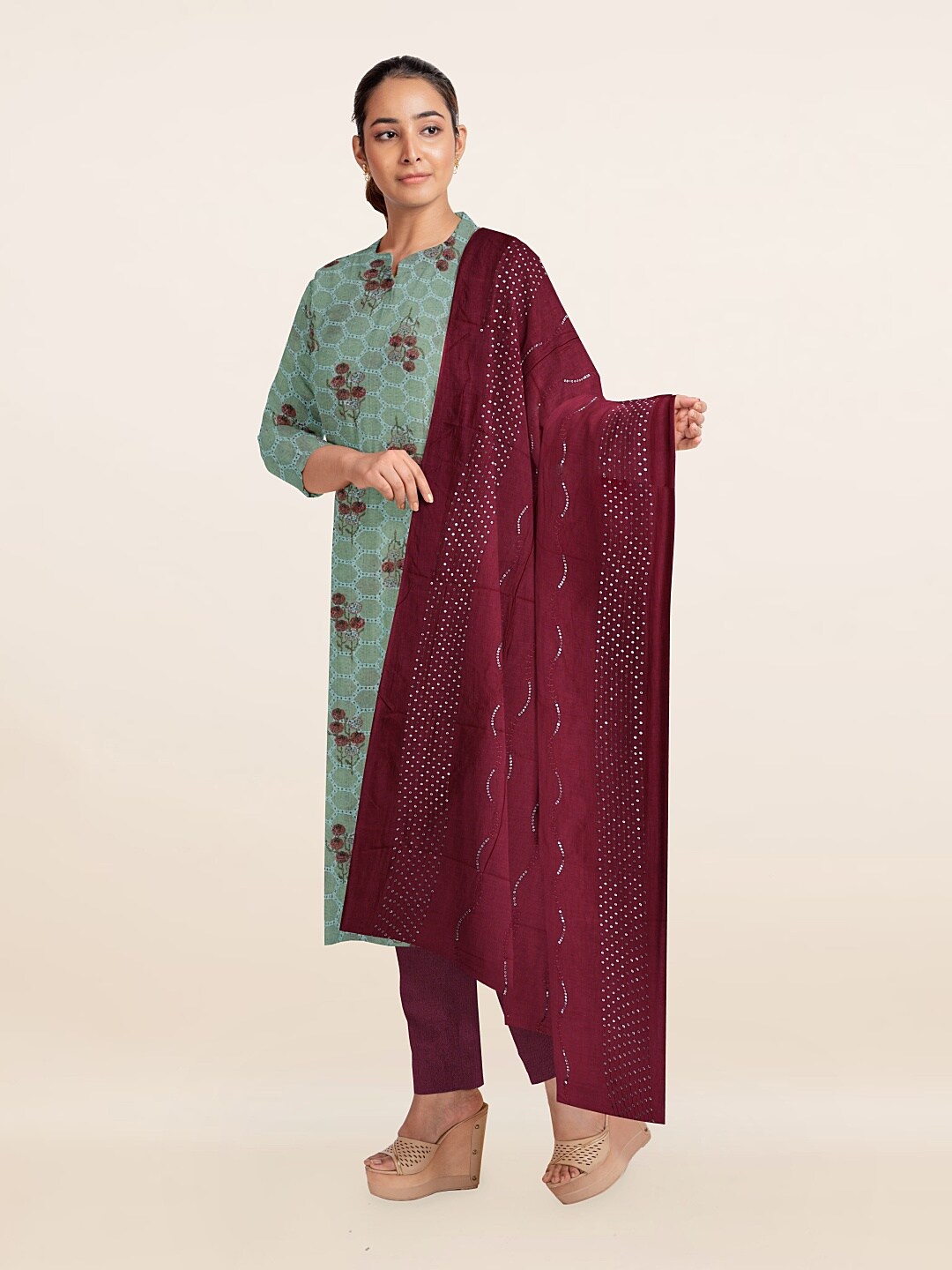 

Pothys Green & Maroon Printed Unstitched Dress Material