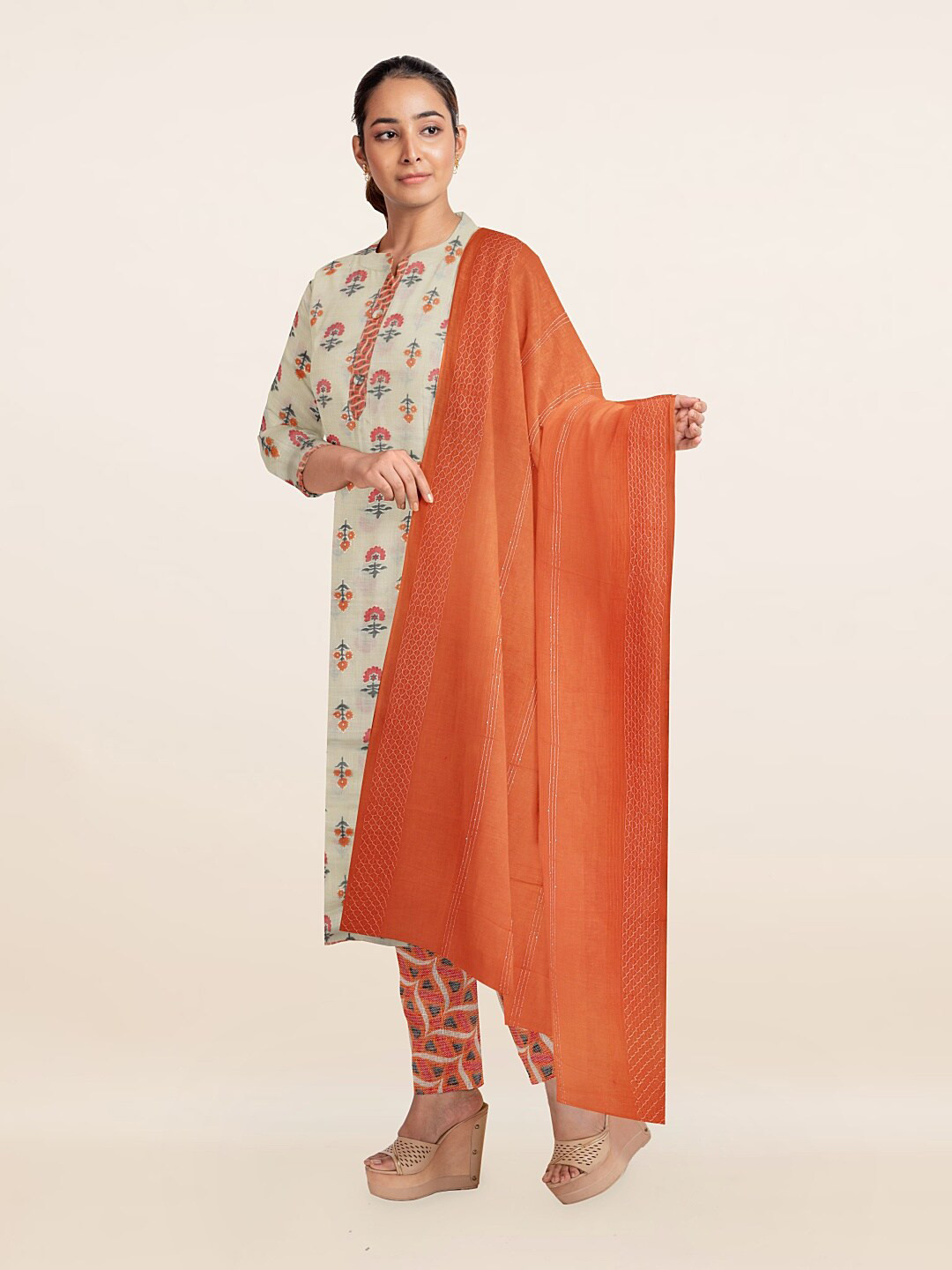 

Pothys Women Cream-Coloured & Pink Printed Unstitched Dress Material