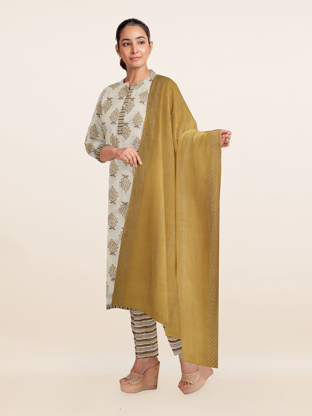 

Pothys Women Cream-Coloured & Mustard Printed Unstitched Dress Material