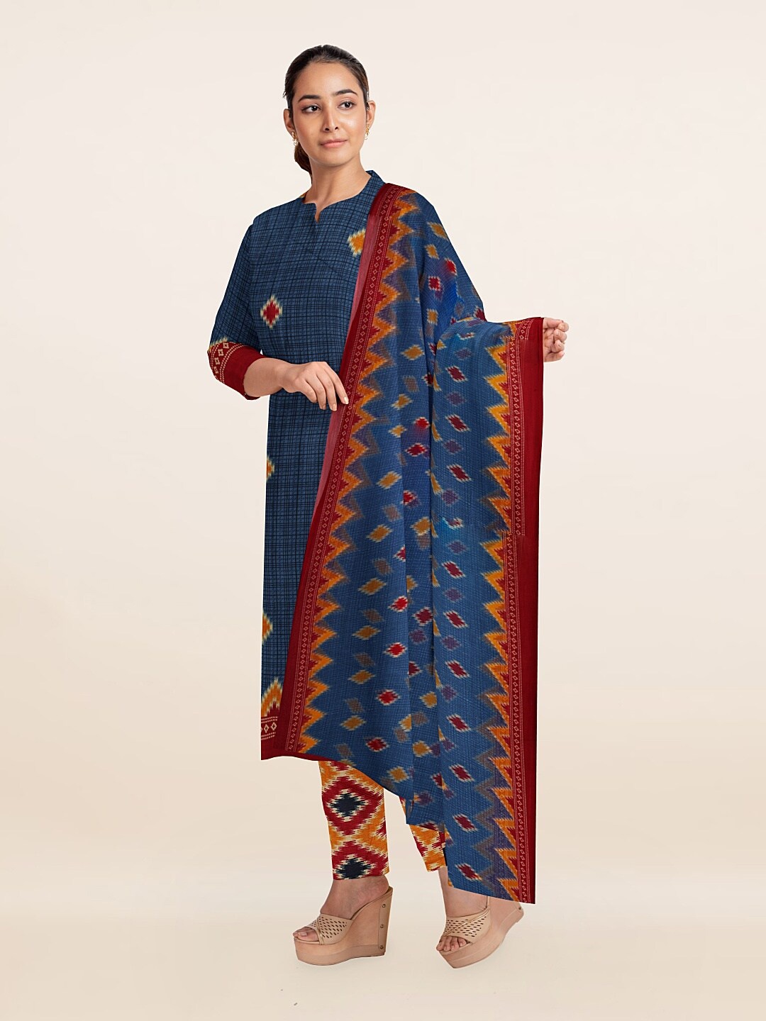 

Pothys Women Blue & Yellow Printed Unstitched Dress Material