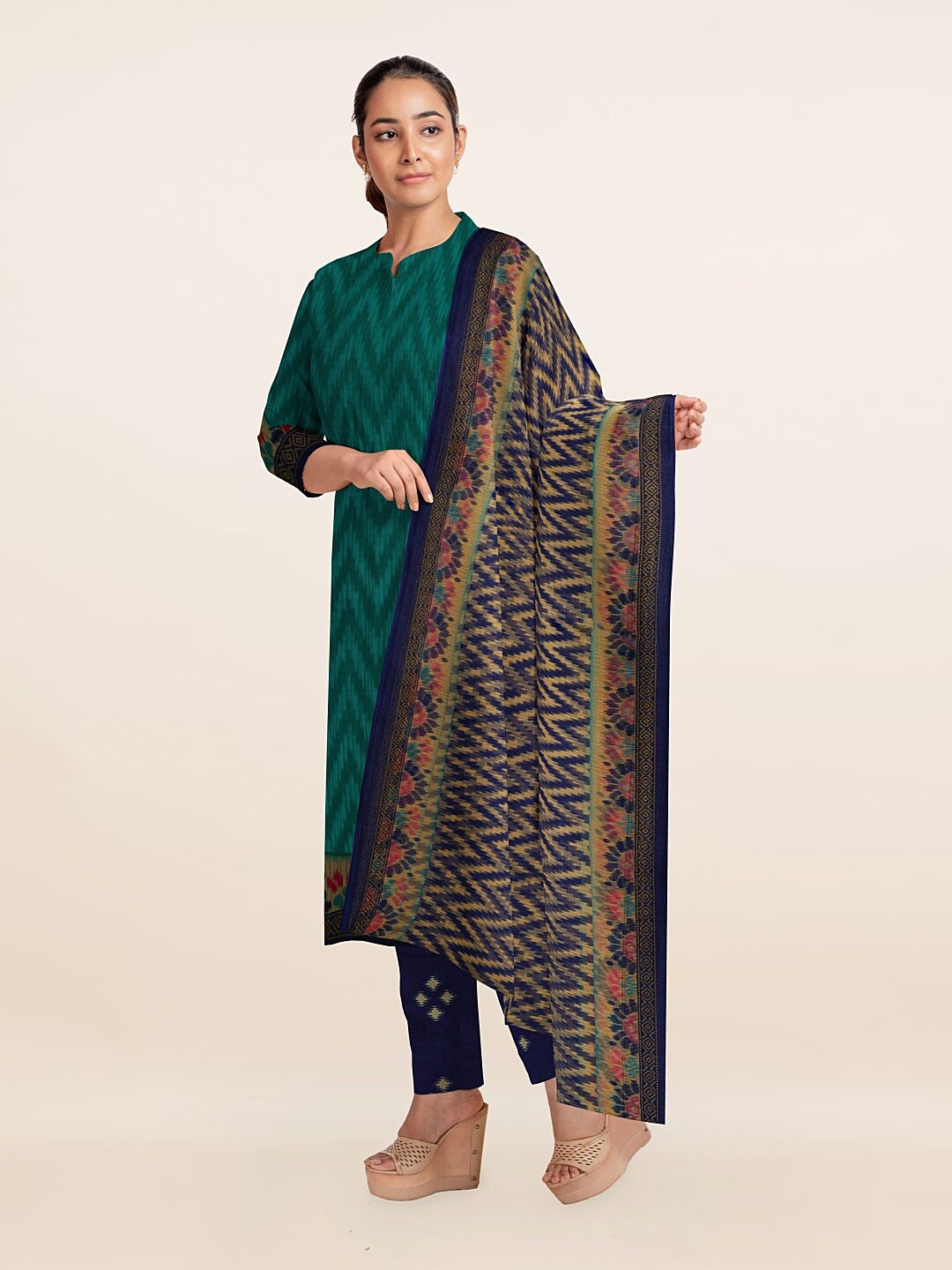 

Pothys Women Green & Blue Printed Unstitched Dress Material
