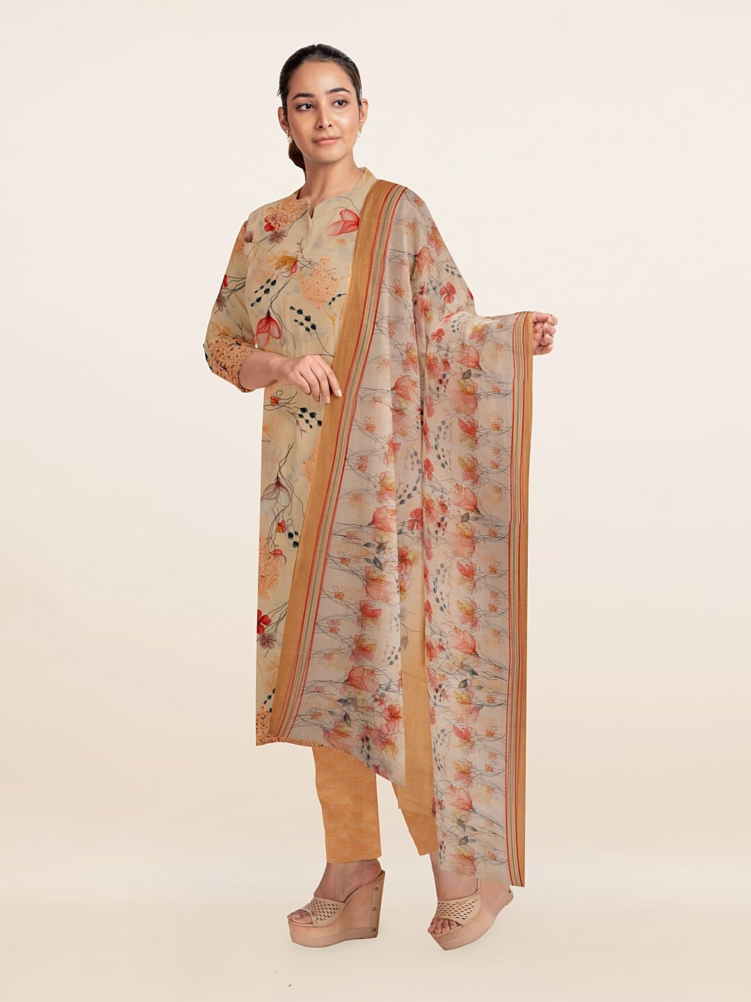 

Pothys Women Beige & Pink Printed Unstitched Dress Material