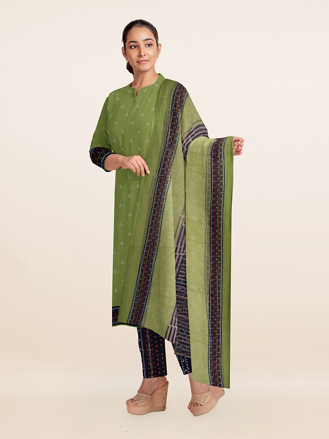 

Pothys Women Green & Black Printed Unstitched Dress Material