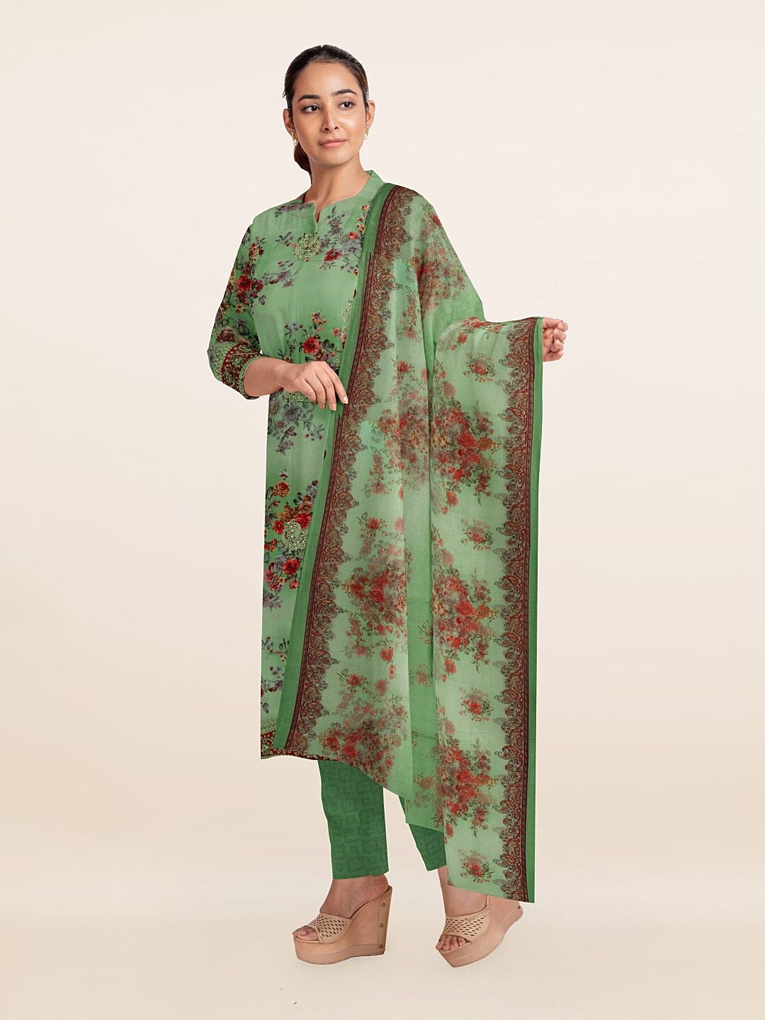 

Pothys Green & Maroon Printed Unstitched Dress Material
