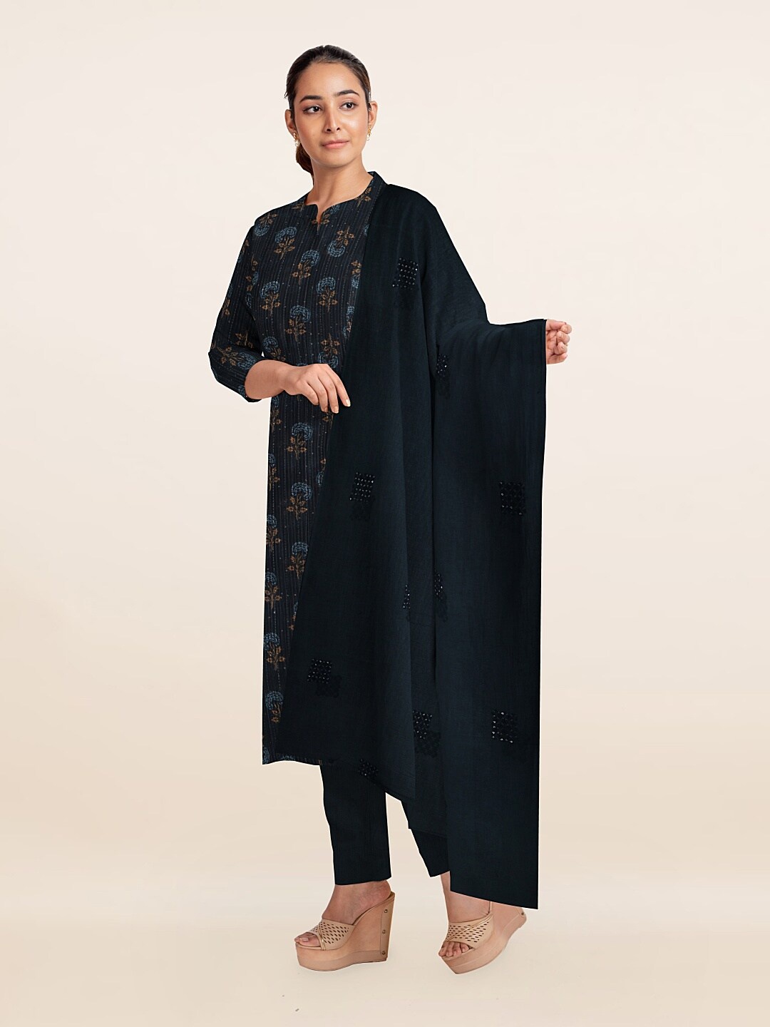 

Pothys Navy Blue & Brown Printed Unstitched Dress Material