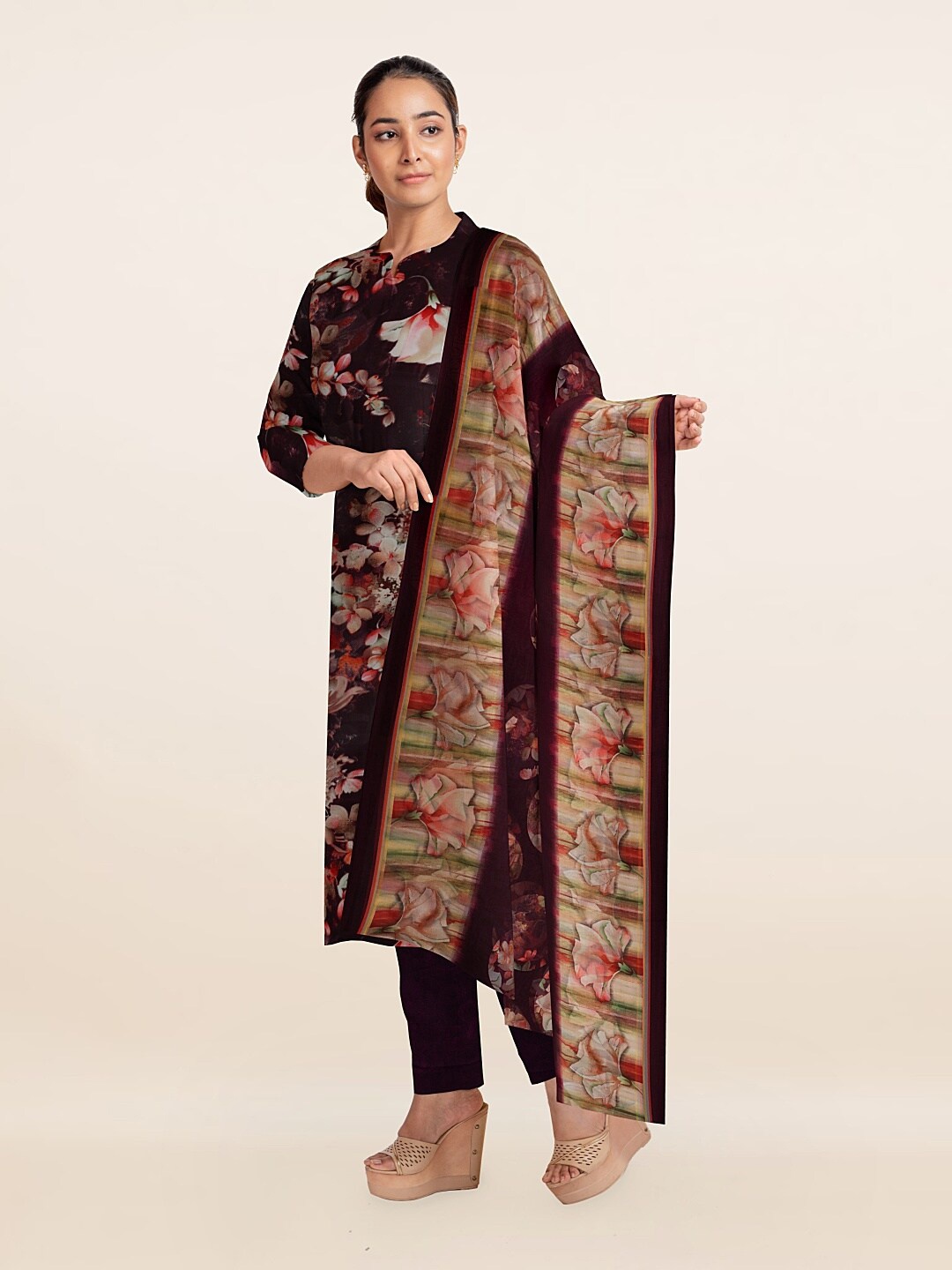 

Pothys Burgundy & Pink Printed Unstitched Dress Material