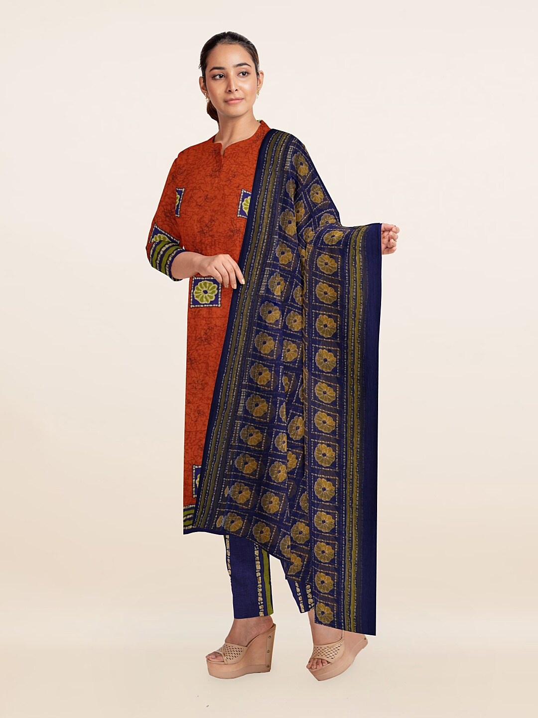 

Pothys Rust & Blue Printed Unstitched Dress Material