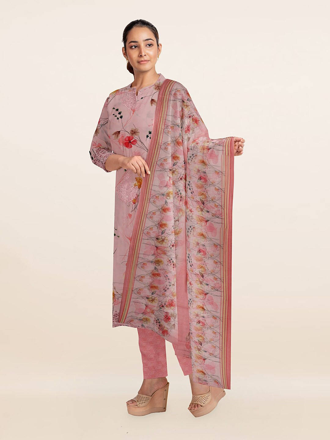 

Pothys Pink & Red Printed Unstitched Dress Material