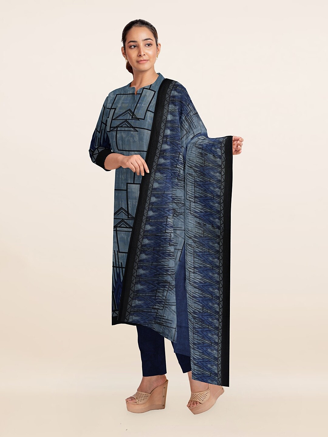 

Pothys Blue & Black Printed Unstitched Dress Material