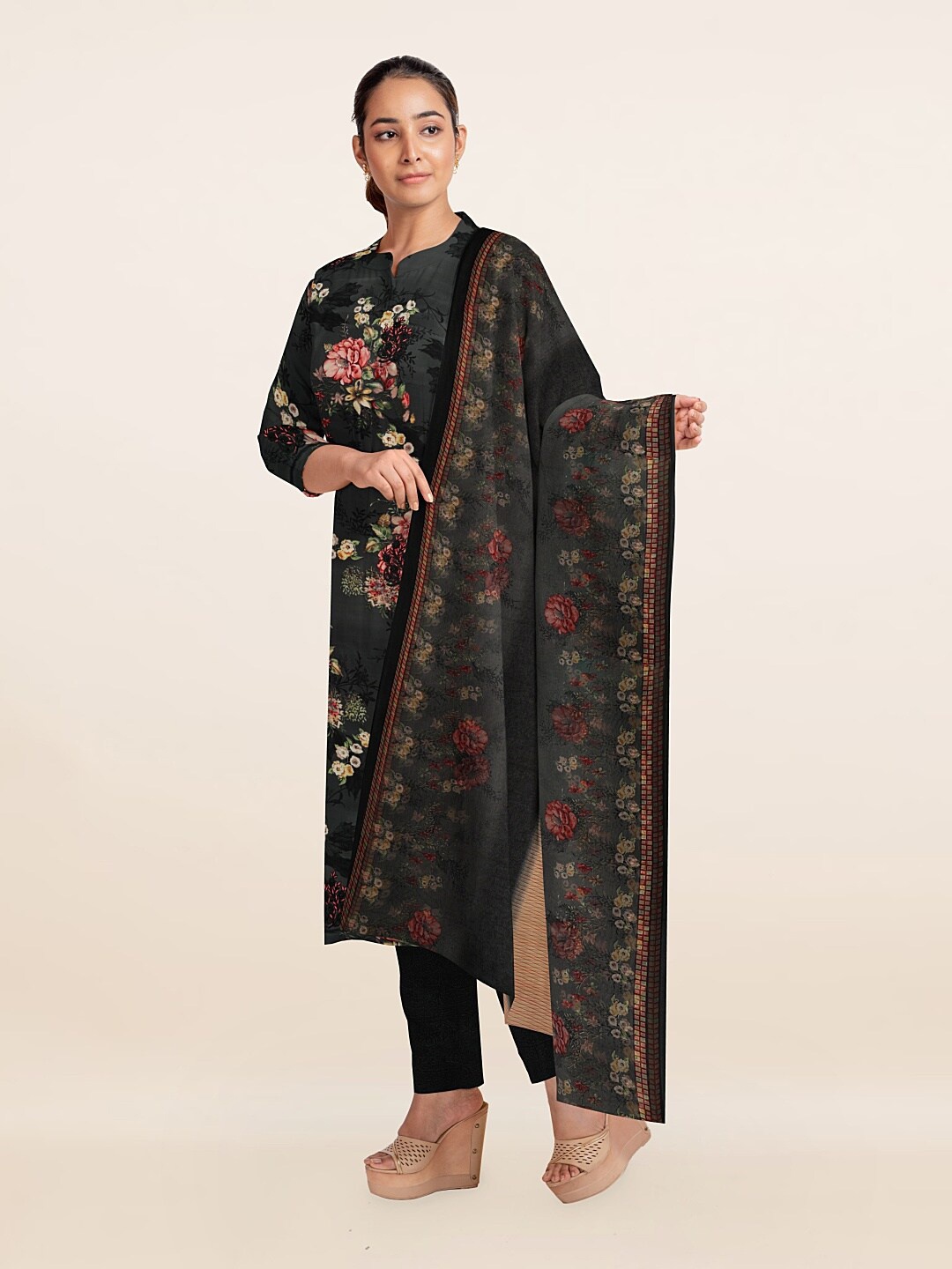 

Pothys Grey & Black Printed Unstitched Dress Material