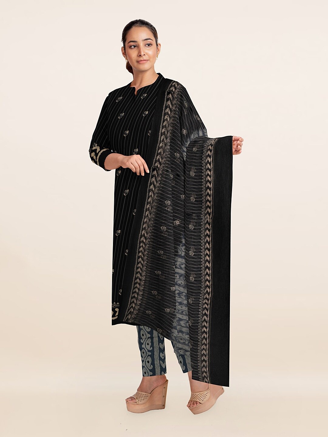 

Pothys Black & Grey Printed Unstitched Dress Material