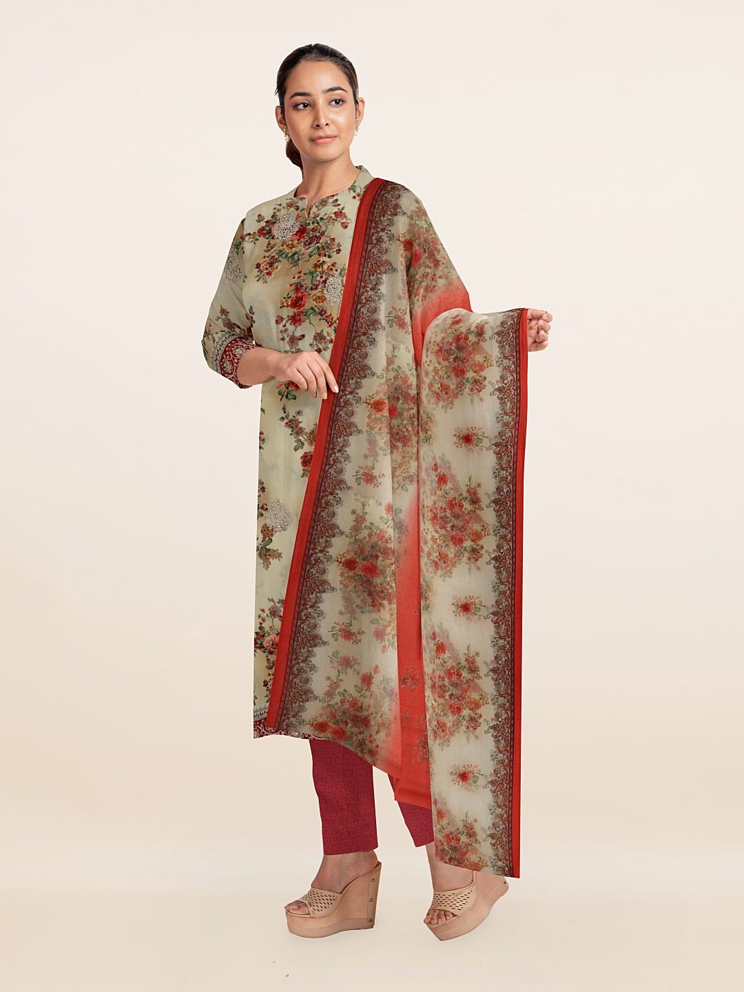 

Pothys Cream & Red Printed Unstitched Dress Material