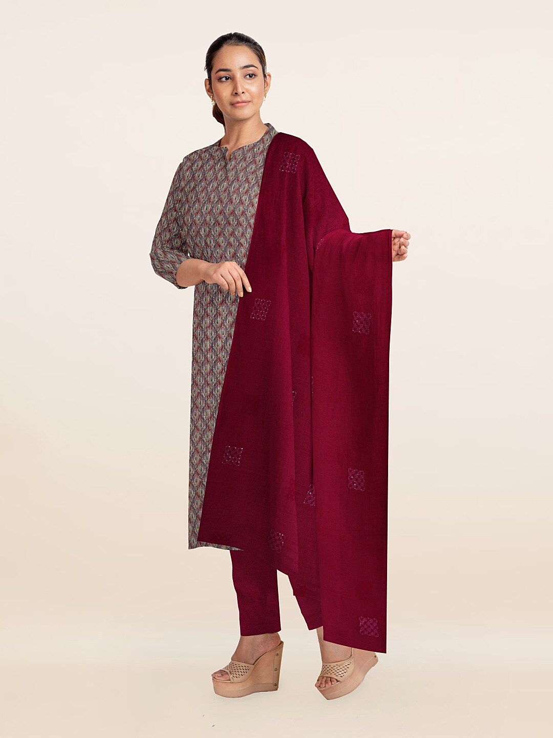

Pothys Burgundy & Blue Printed Unstitched Dress Material