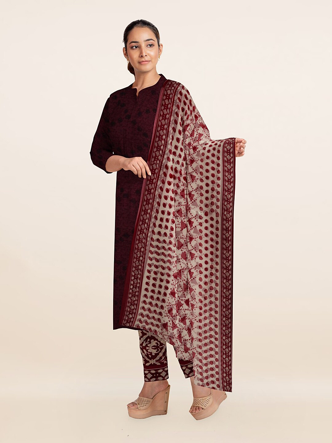 

Pothys Maroon & Black Printed Unstitched Dress Material