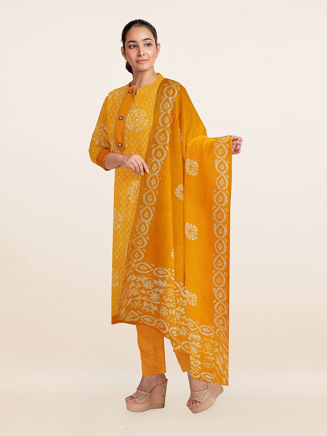 

Pothys Yellow & White Printed Unstitched Dress Material