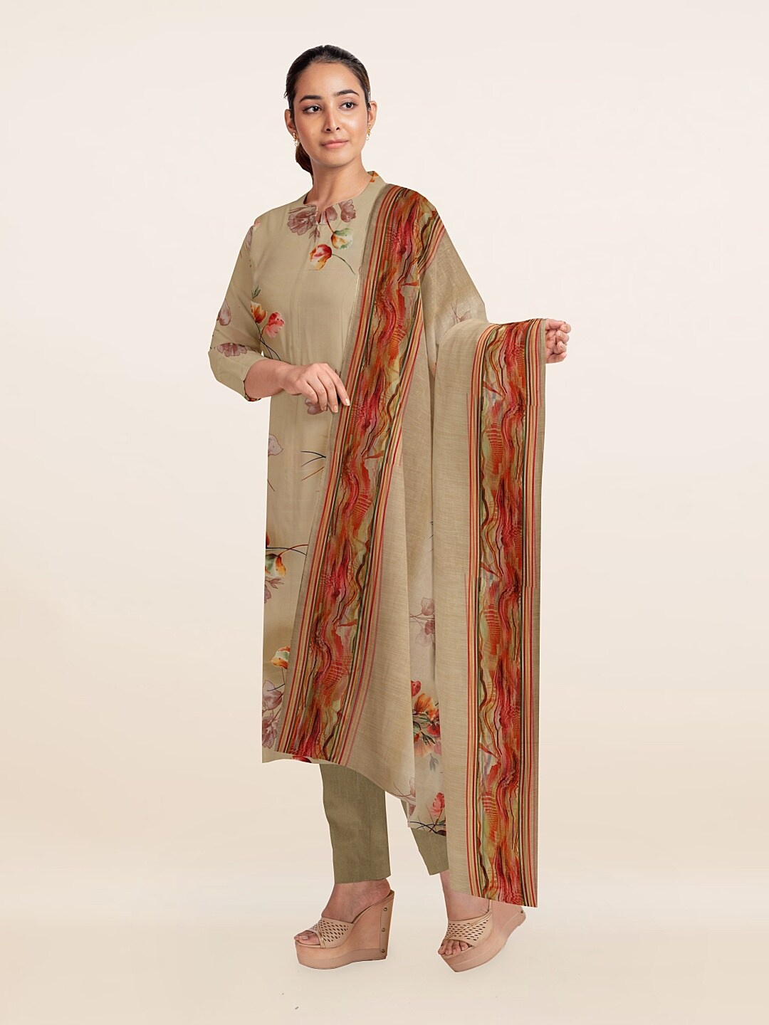 

Pothys Cream & Orange Printed Unstitched Dress Material