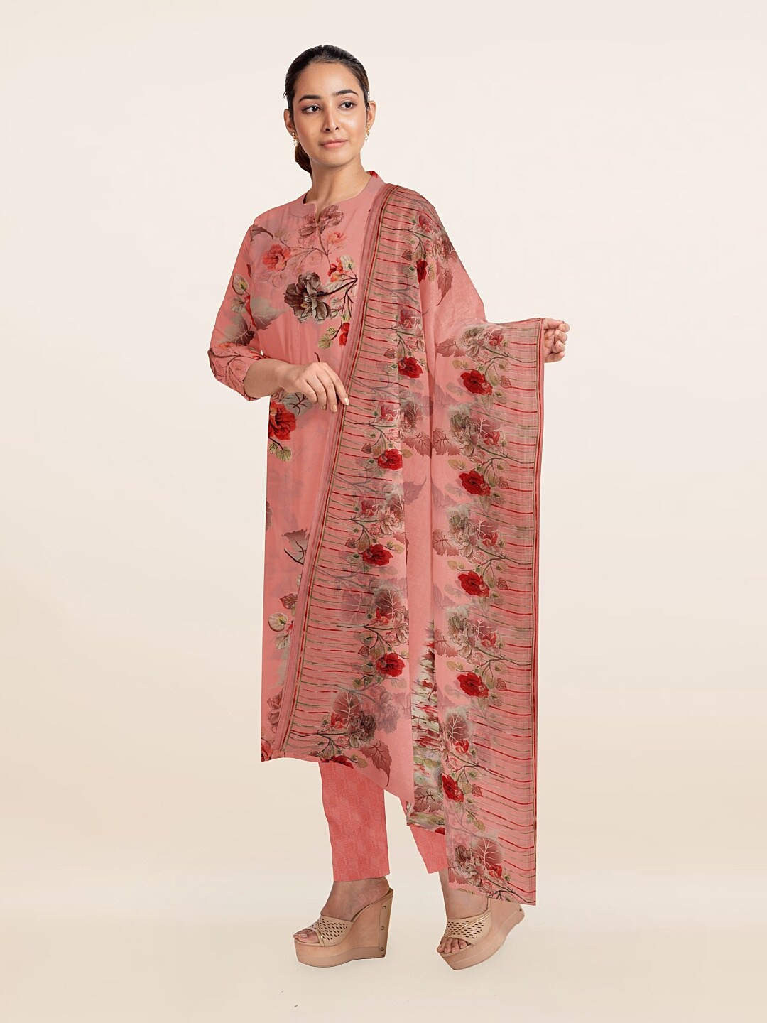 

Pothys Pink & Red Printed Unstitched Dress Material