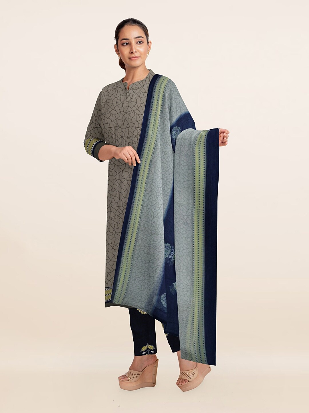

Pothys Grey & Blue Printed Unstitched Dress Material