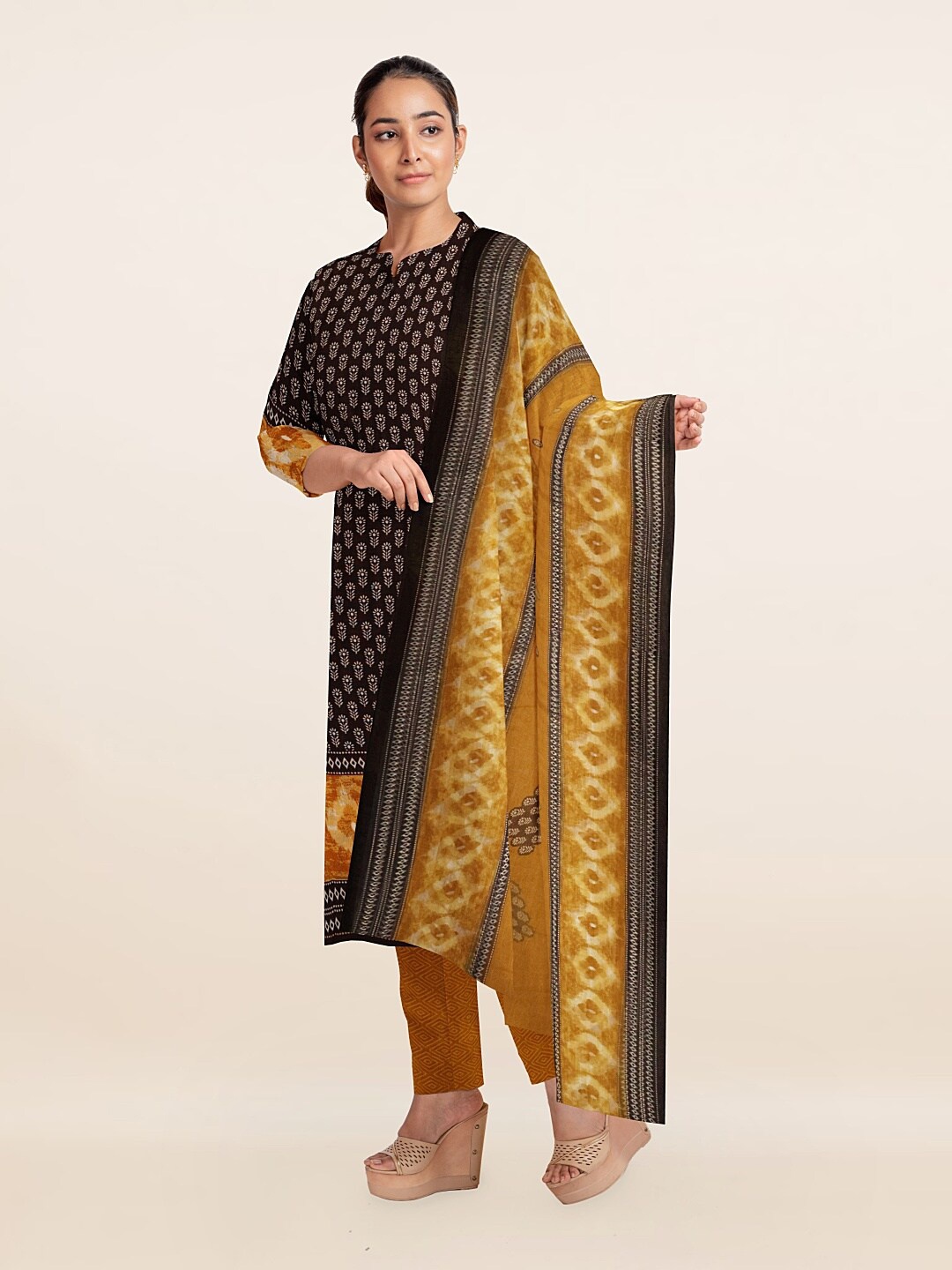 

Pothys Brown & Yellow Printed Unstitched Dress Material
