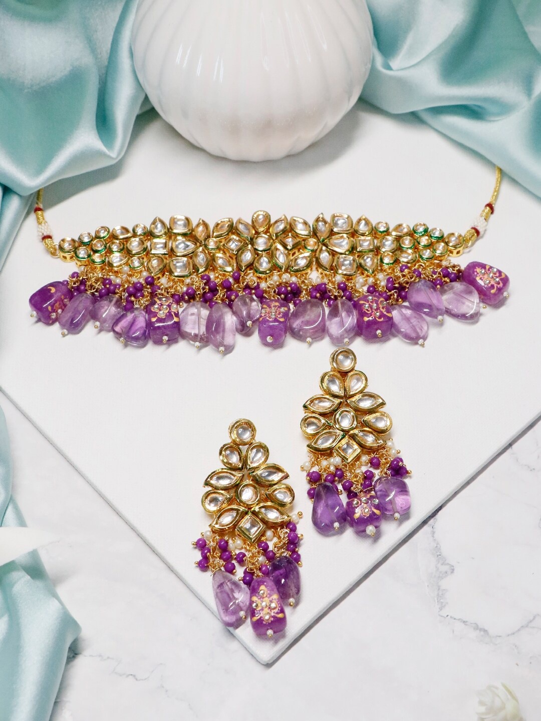 

Ishhaara Semi Precious Center Stone Gold Plated Choker Jewellery Set, Purple