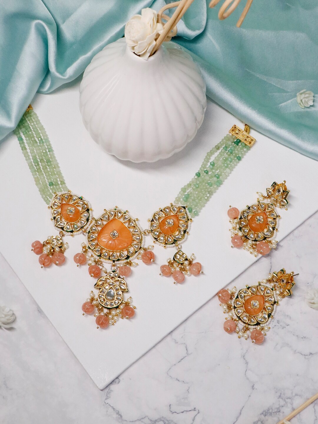 

Ishhaara Orange & Green Brass Gold-Plated Choker Necklace & Earrings