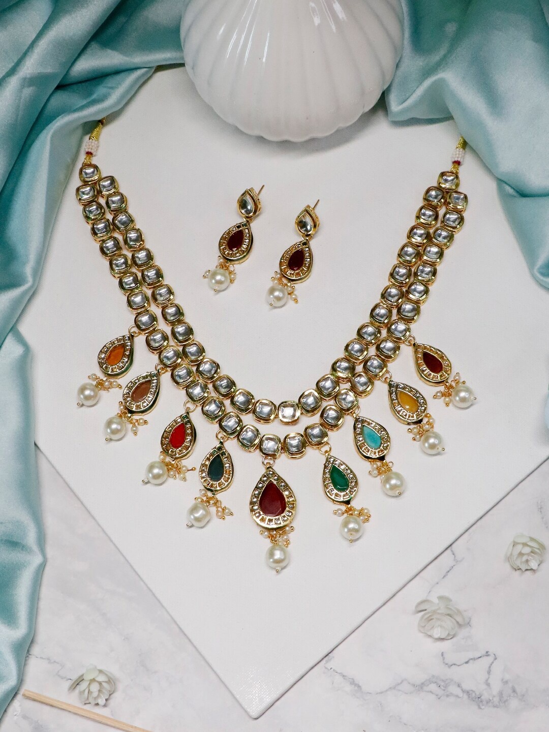 

Ishhaara Maroon & Orange Brass Gold-Plated Choker Necklace