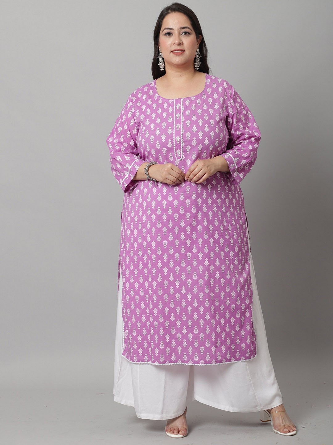

Rajnandini Women Purple Ethnic Motifs Printed Flared Sleeves Thread Work Kurta