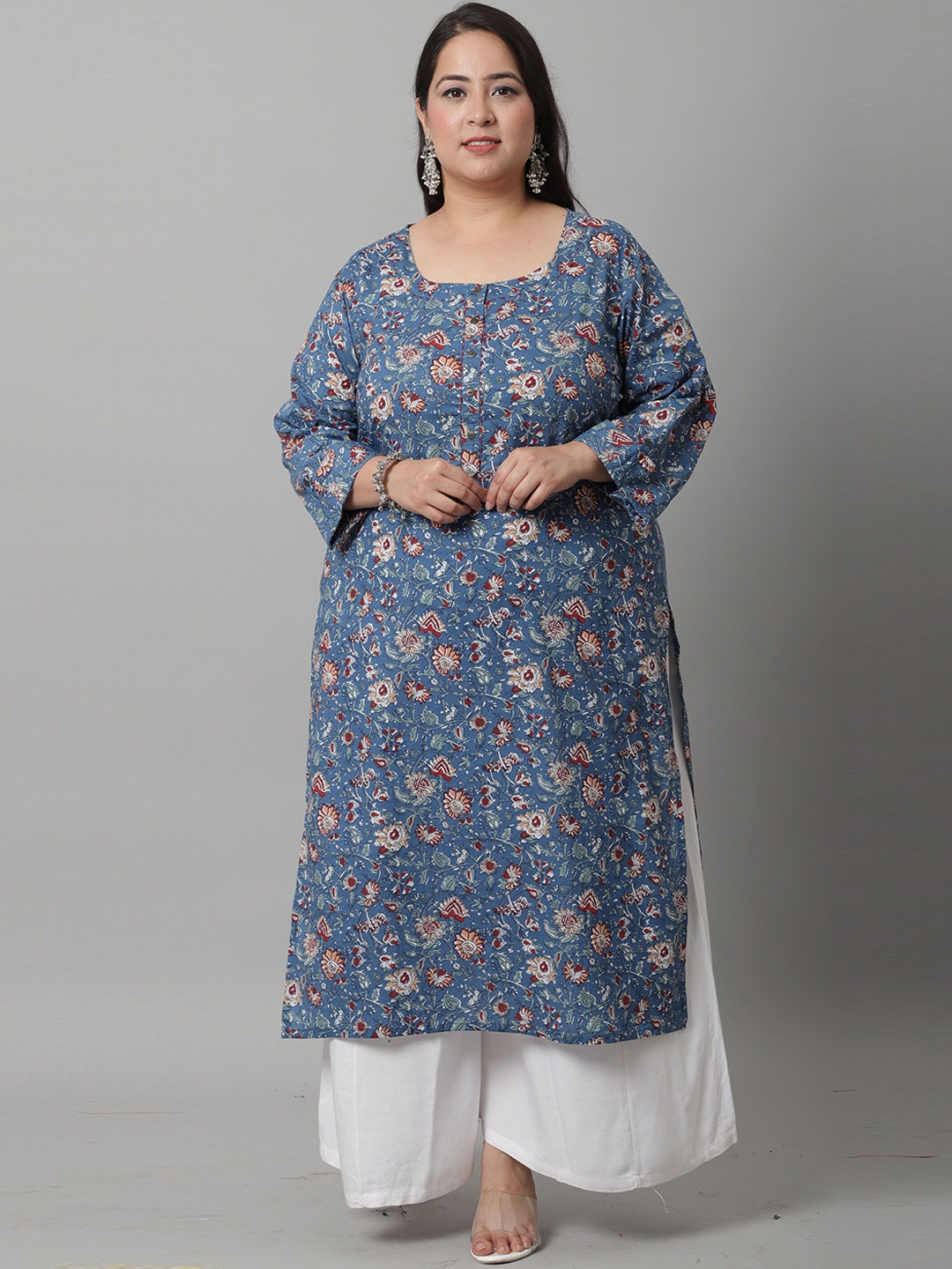 

Rajnandini Plus Size Floral Printed Pure Cotton Kurta, Blue