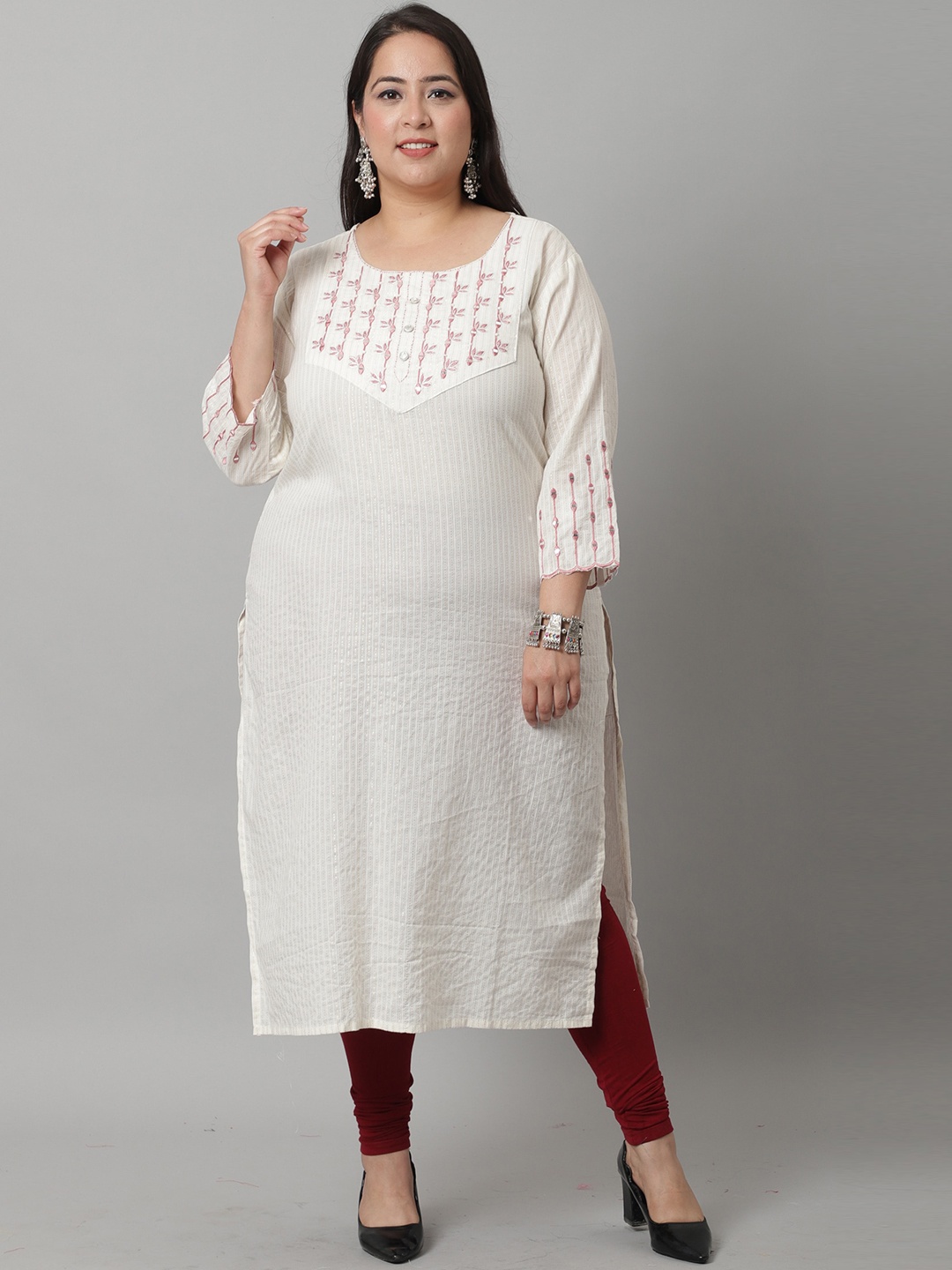 

Rajnandini Plus Size Yoke Design Thread Work Cotton Kurta, Beige