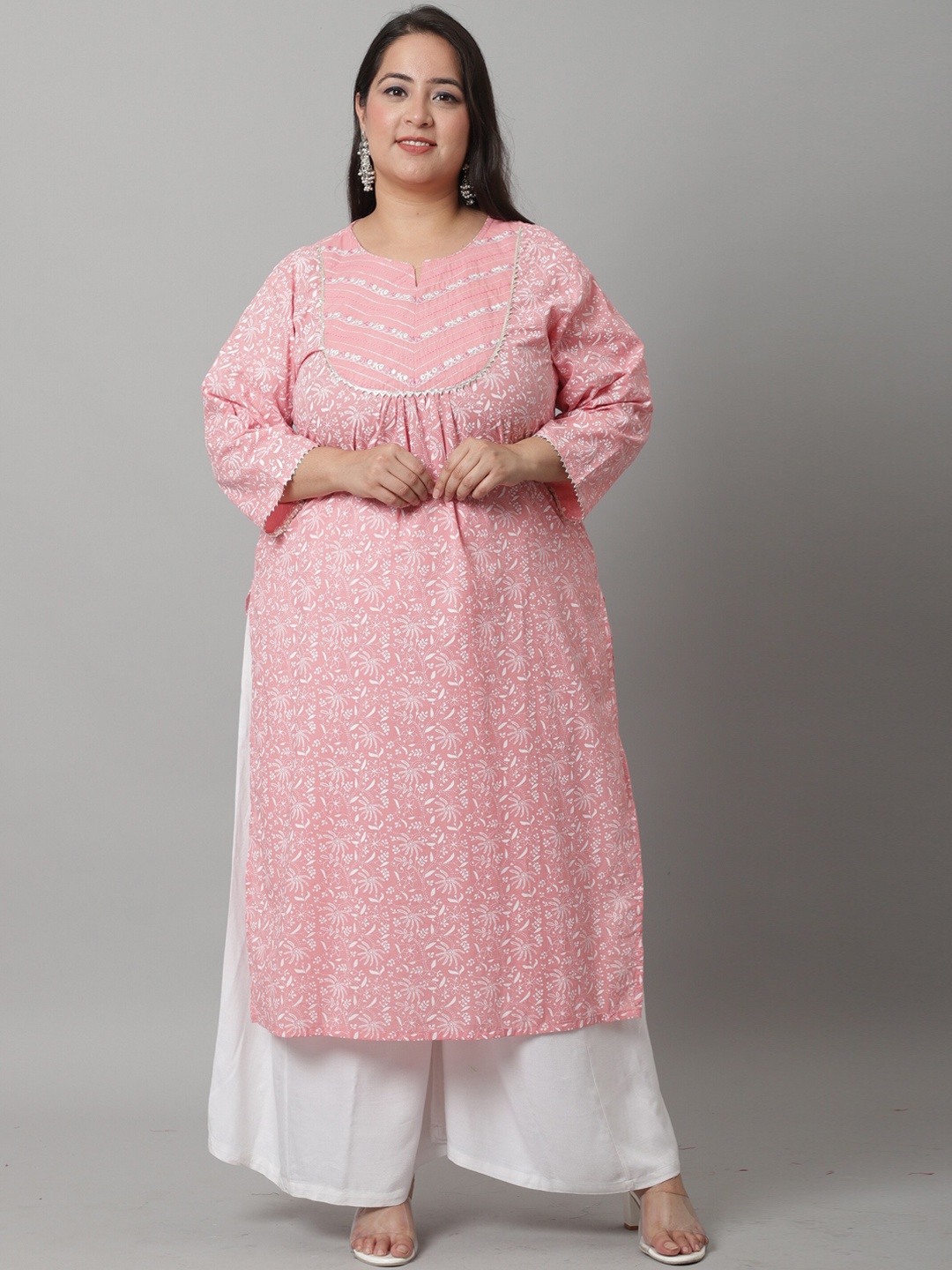 

Rajnandini Plus Size Floral Mirror Work Pure Cotton A-Line Kurta, Peach