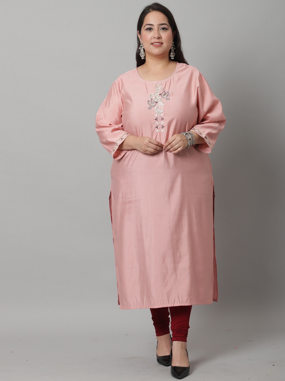 

Rajnandini Plus Size Round Neck Floral Yoke Design Thread Work Pure Cotton Kurta, Peach