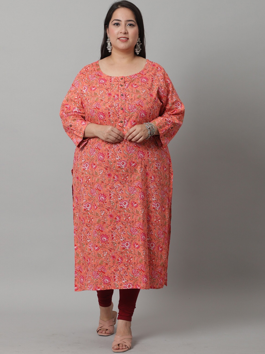 

Rajnandini Women Plus Size Floral Printed Thread Work Pure Cotton Kurta, Orange