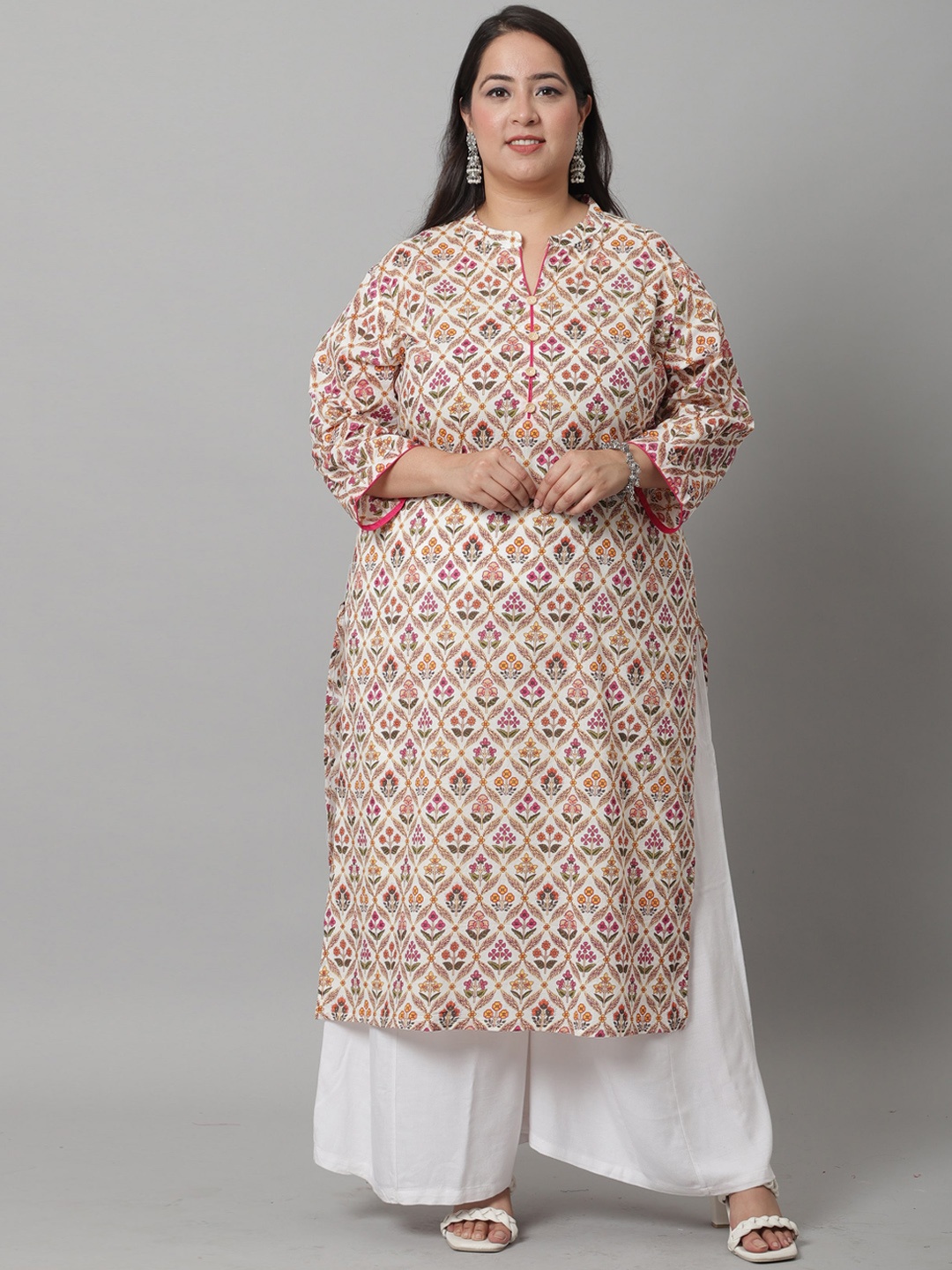 

Rajnandini Floral Printed Straight Regular Cotton Kurta, Beige
