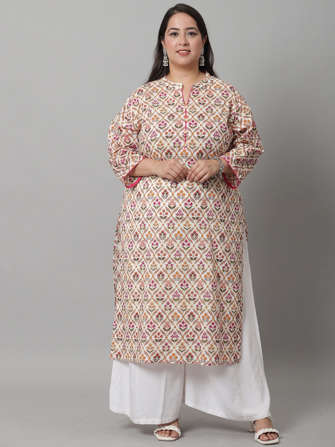 

Rajnandini Floral Printed Straight Mandarin Collar Pure Cotton Kurta, Beige