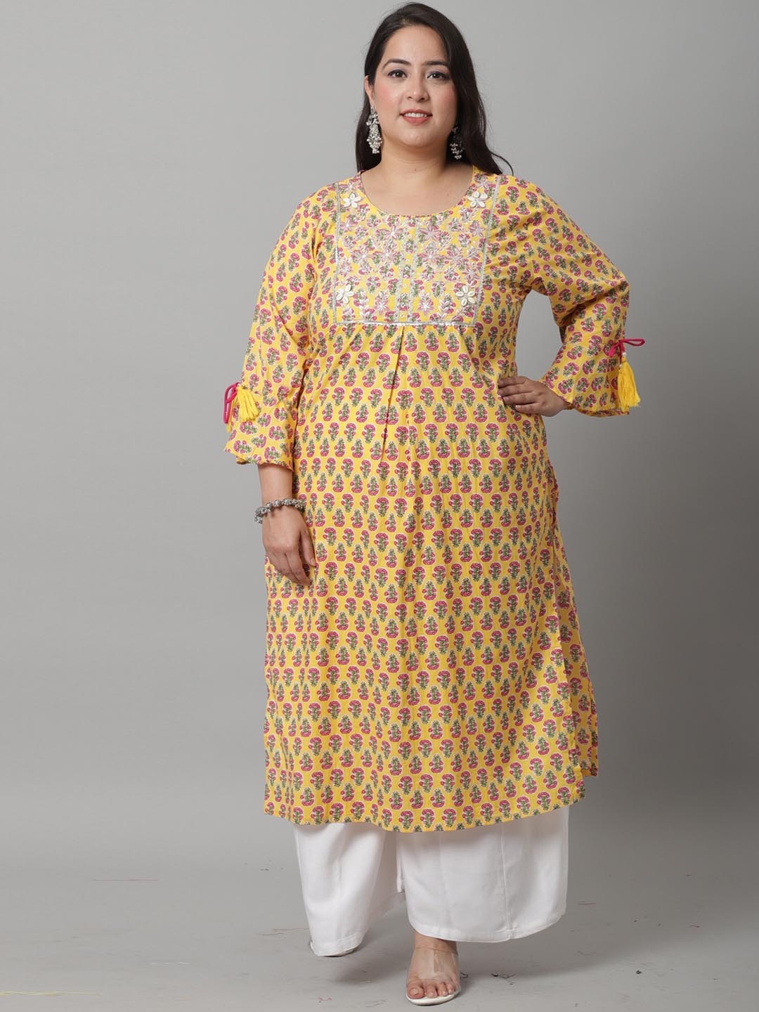 

Rajnandini Plus Size Ethnic Motifs Printed Flared Sleeves Thread Work Kurta, Yellow