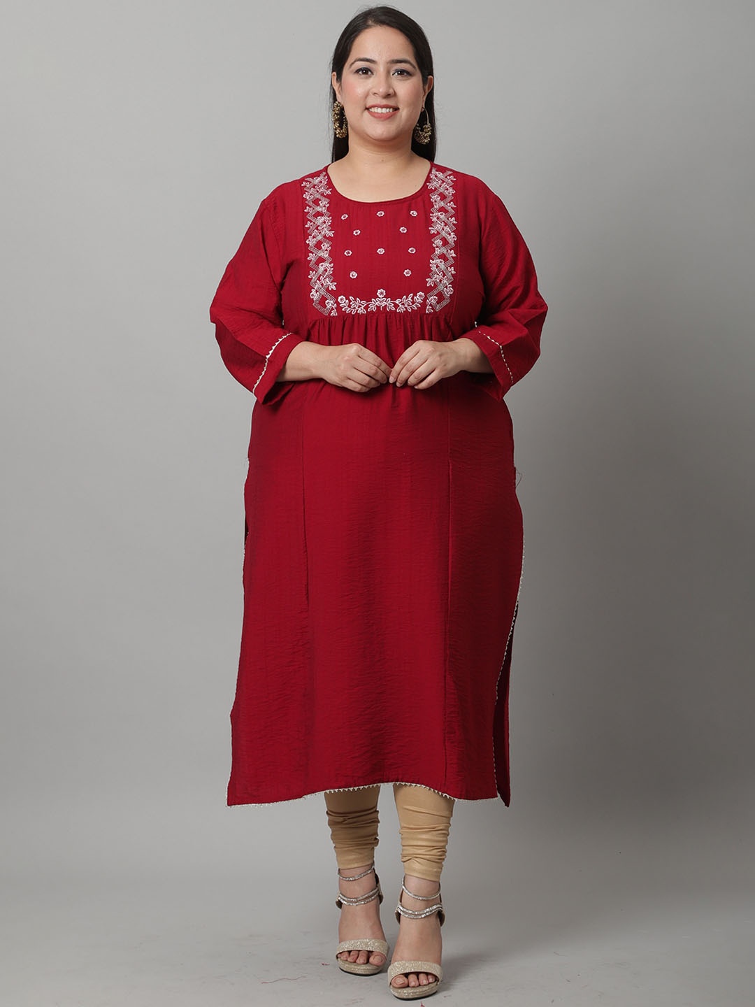 

Rajnandini Plus Size Floral Yoke Design Thread Work Cotton Kurta, Maroon