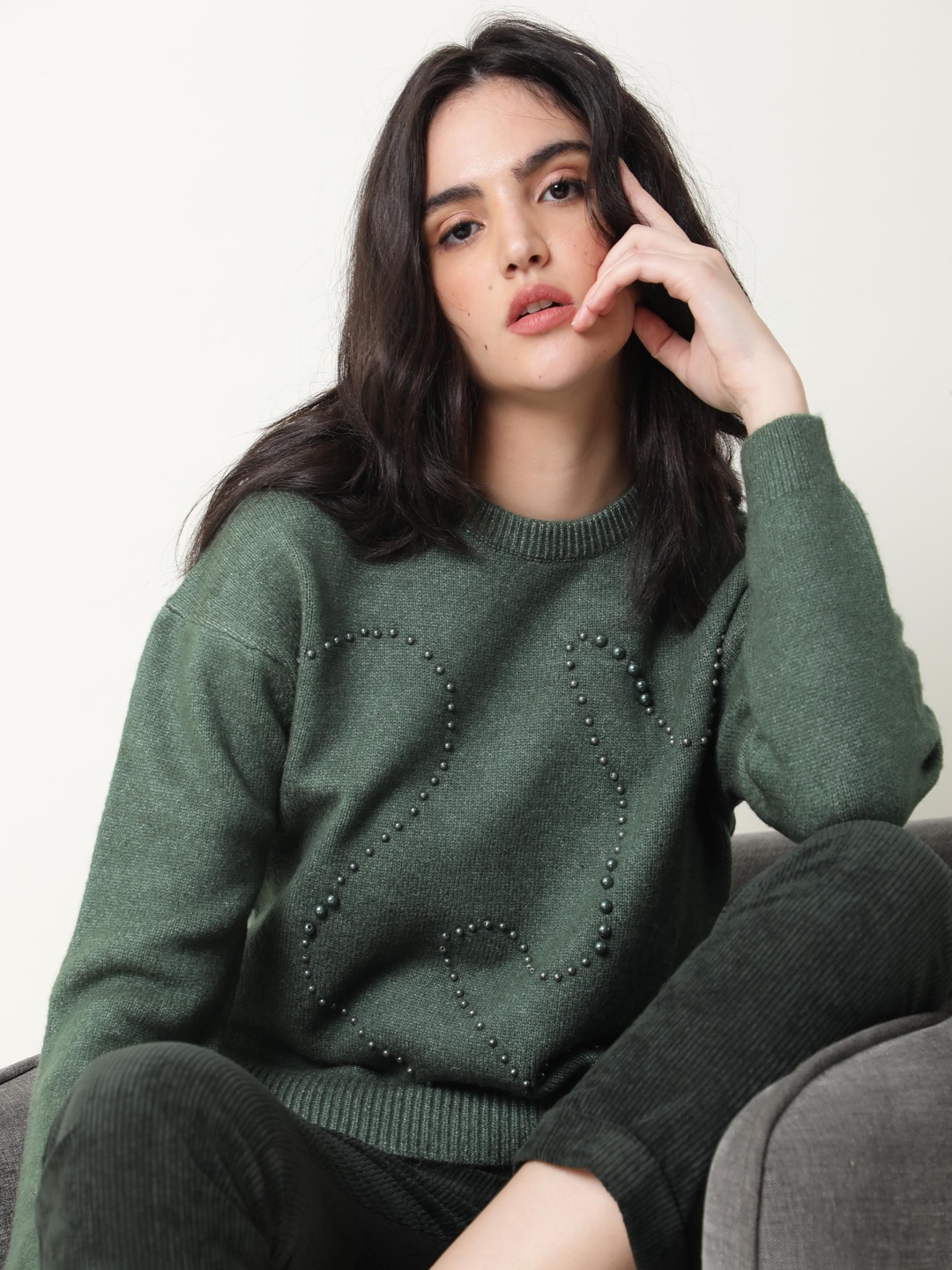 

RAREISM Women Olive Green Acrylic Pullover