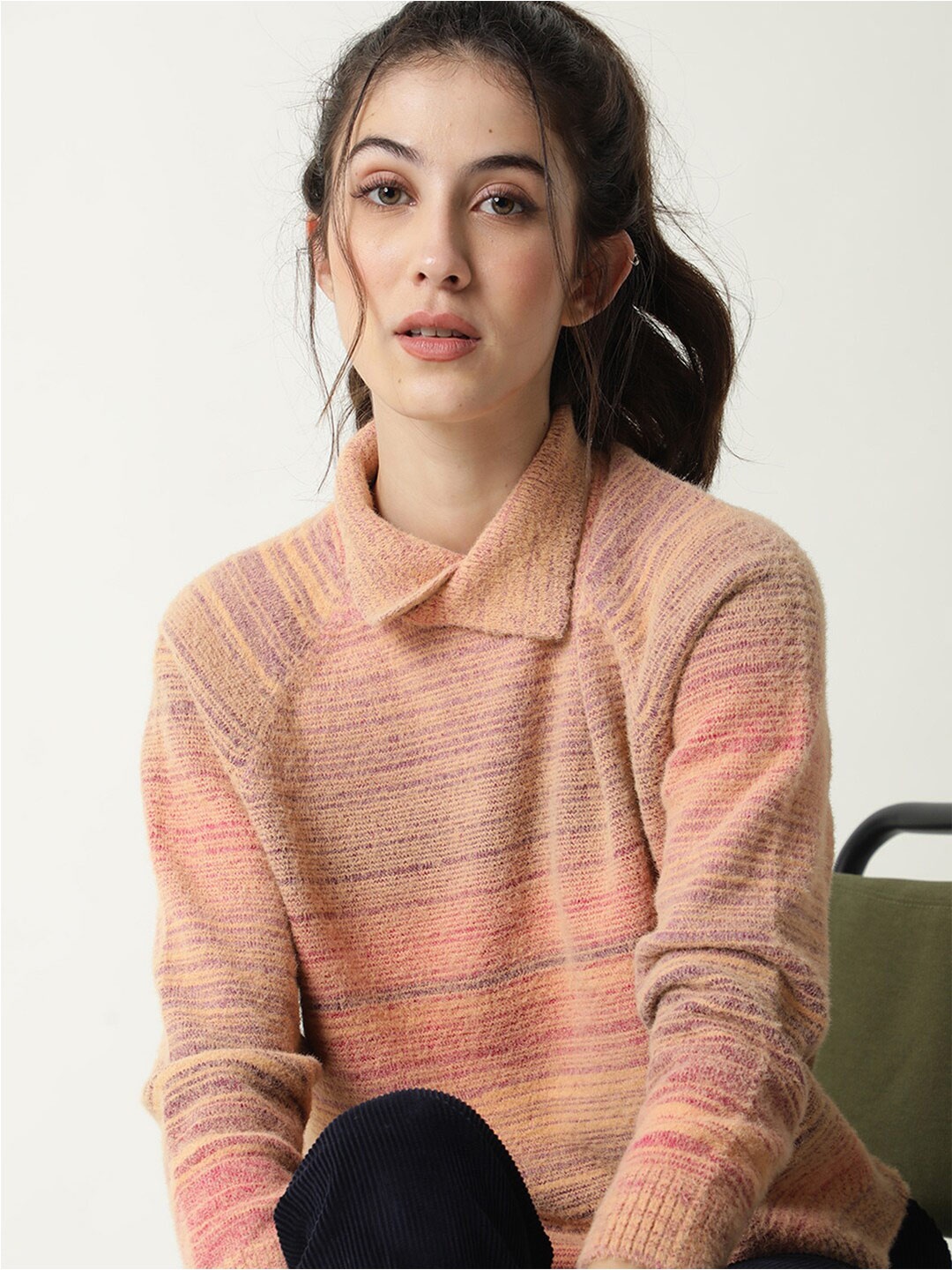 

RAREISM Women Pink & Cream-Coloured Striped Acrylic Pullover