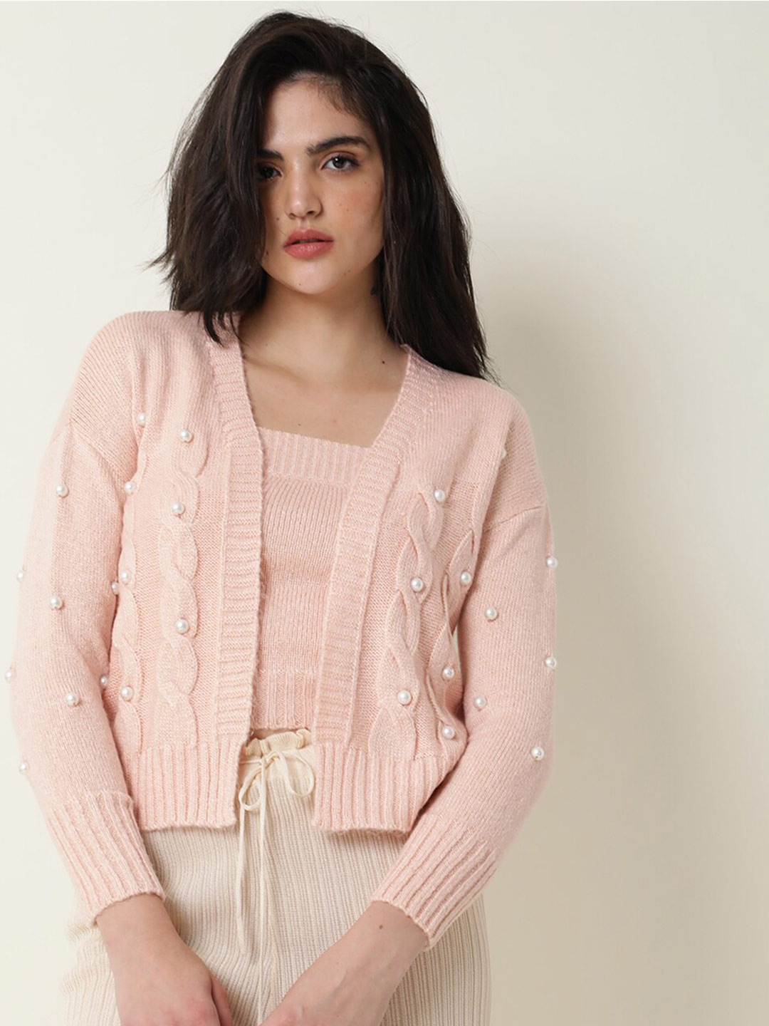 

RAREISM Women Pink Acrylic Cable Knit