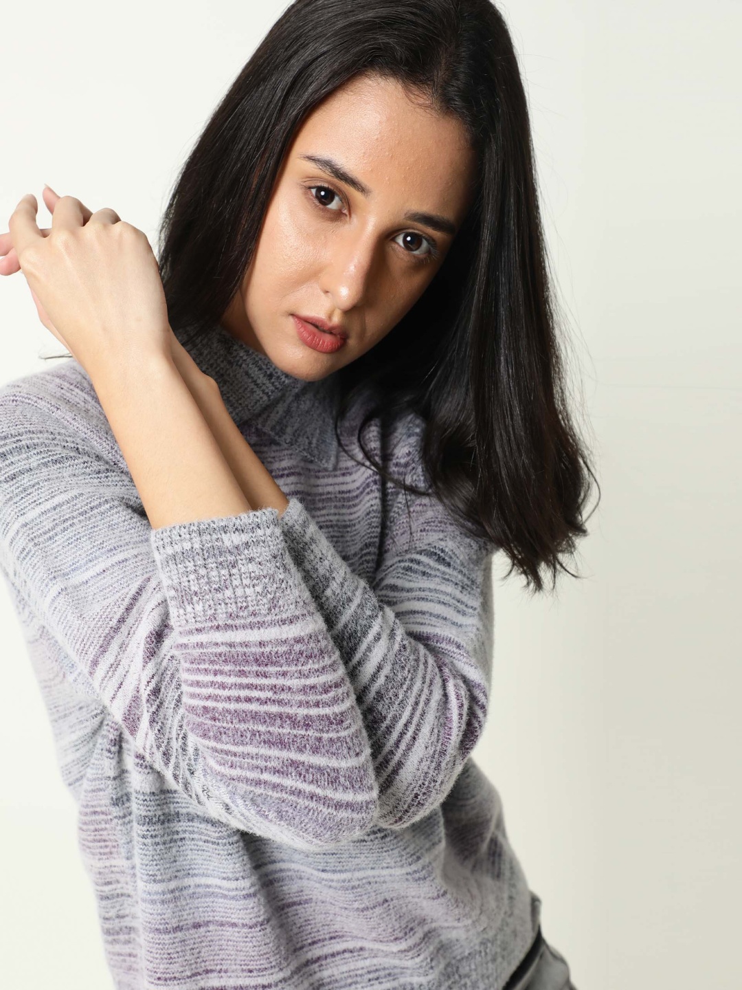 

RAREISM Women Grey & Pink Striped Acrylic Pullover