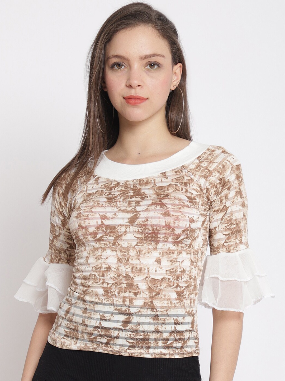 

The Mini NEEDLE Women Brown & White Self Design Top