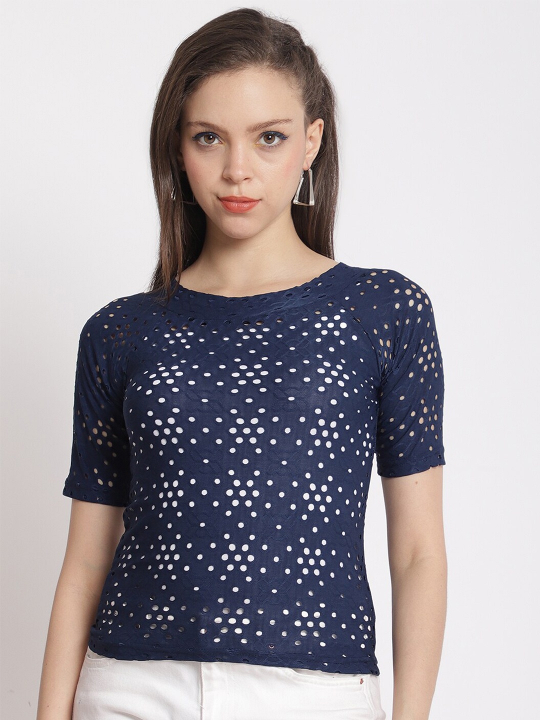 

The Mini NEEDLE Women Navy Blue Self Design Top