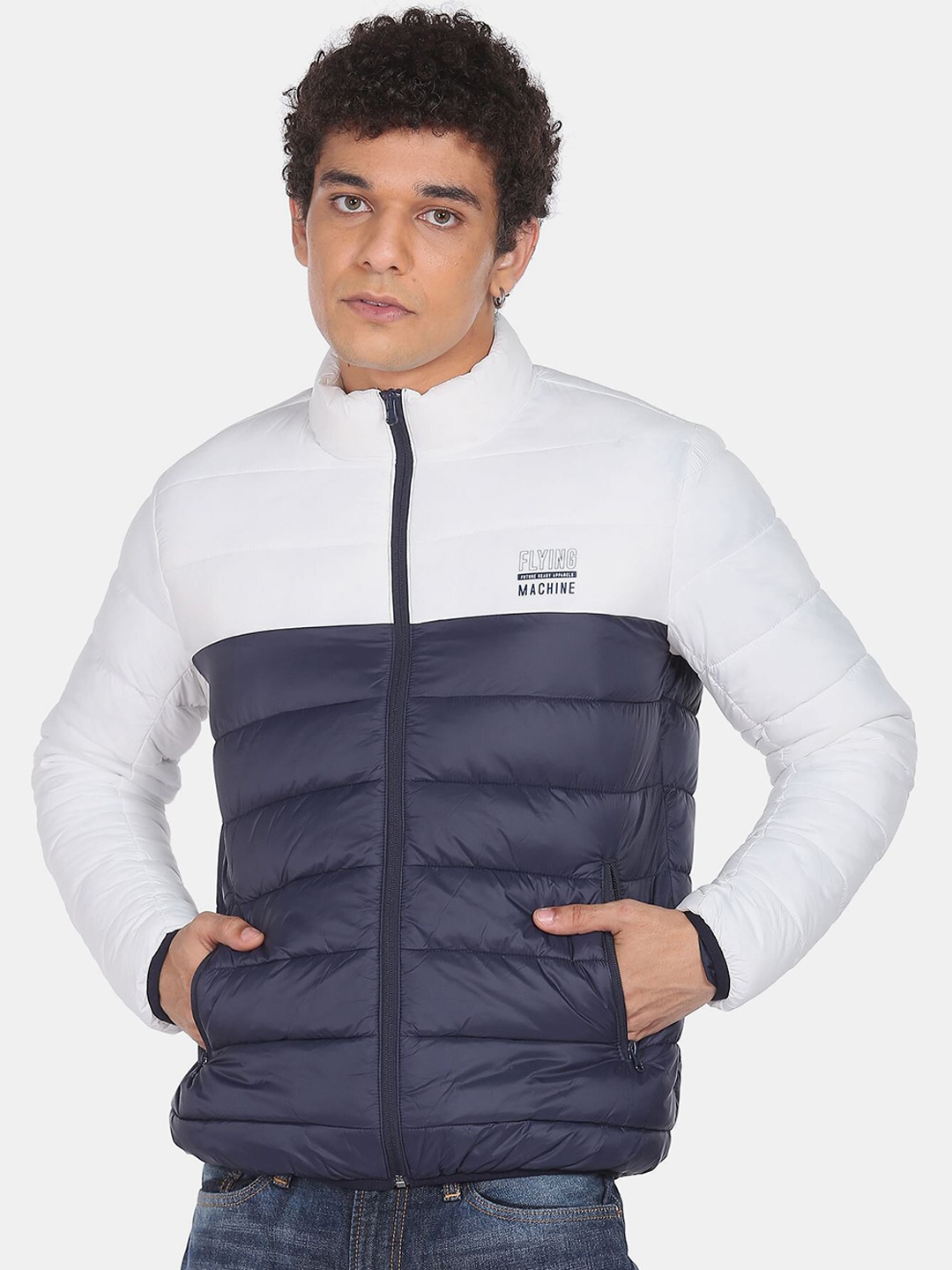 

Flying Machine Men White Navy Blue Colourblocked Padded Jacket