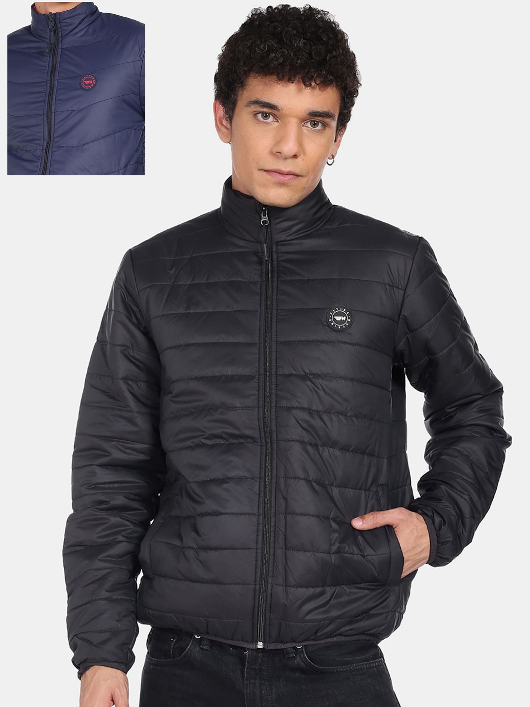 

Flying Machine Men Black Navy Blue Reversible Padded Jacket