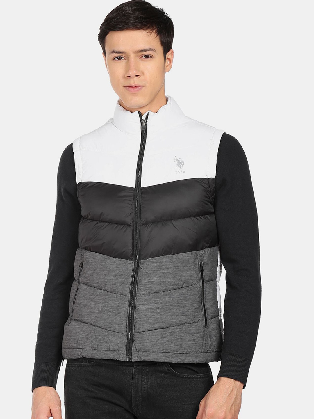 

U S Polo Assn Denim Co Men Black Grey Colourblocked Puffer Jacket