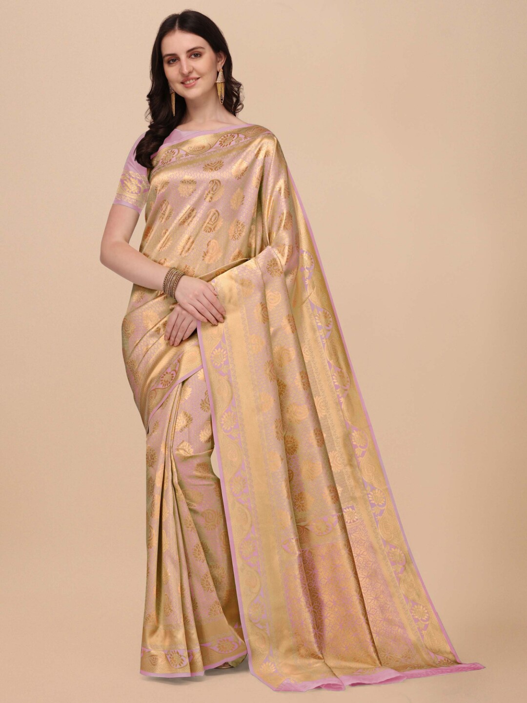 

Kasak Pink & Gold-Toned Ethnic Motifs Zari Banarasi Saree