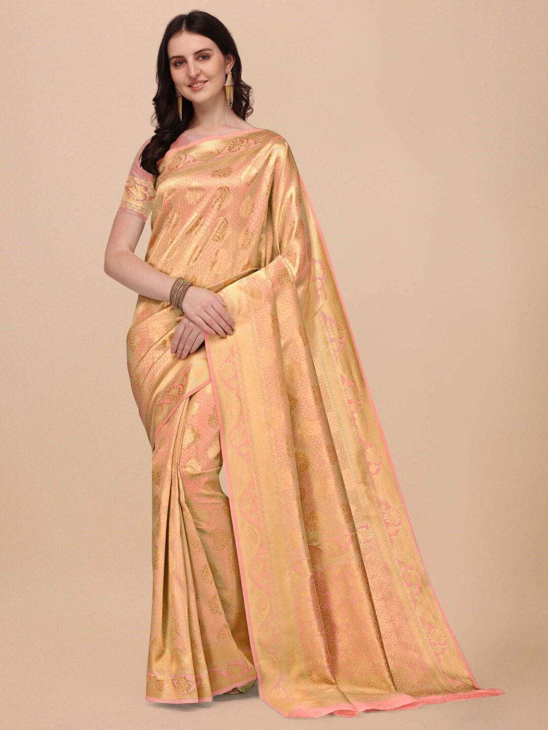 

Kasak Peach-Coloured & Gold-Toned Ethnic Motifs Zari Banarasi Saree