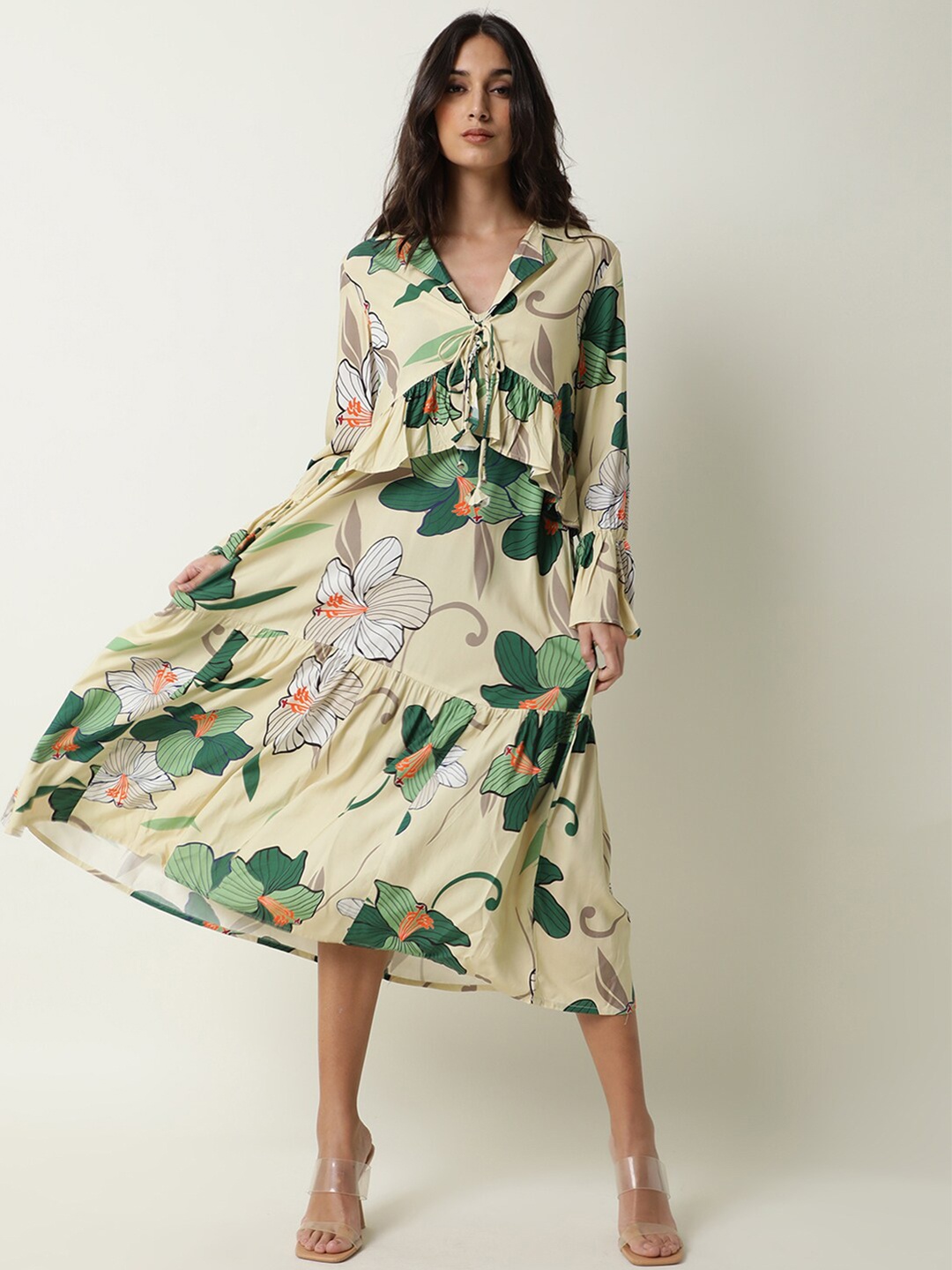 

RAREISM Women Off White & Green Floral Dress