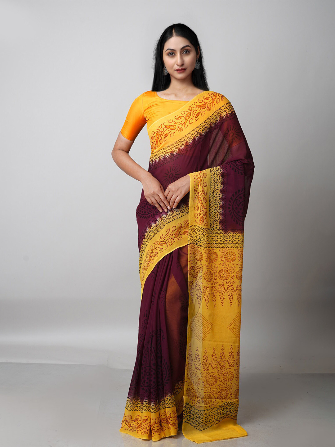 

Unnati Silks Purple & Yellow Floral Block Print Saree